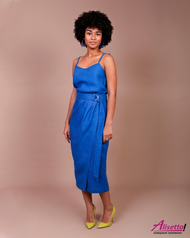 Льняная юбка на запах Jane Sarta 012 - голубой меланж