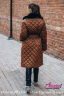 Женское прямое пальто-пуховик средней длины под пояс с мехом рекса по воротнику и борту  NAUMI 18 W 719 01 13 Brandy – коричневый