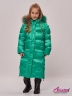 Утеплённое пальто для девочки зимнее зелёное с капюшоном KIWILAND D23614 с мехом