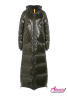 Женское длинное пуховое пальто  цвета хаки на молнии. Натуральный гусиный пух, теплые карманы, капюшон