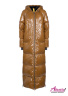 Женское длинное пуховое пальто  цвета горчицы на молнии. Натуральный гусиный пух, теплые карманы, капюшон
